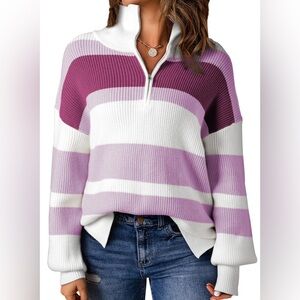 Elegant Striped Turtleneck Sweater in Purple and White